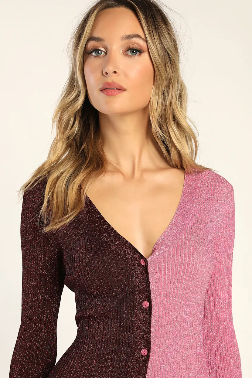 Extra Gorgeous Shiny Burgundy & Pink Color Block Sweater Dress | Lulus (US)
