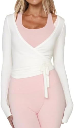 Women Wrap Top Long Sleeve Deep V Neck Cross Tie Workout Ballet Pilates Yoga Shirt | Amazon (US)