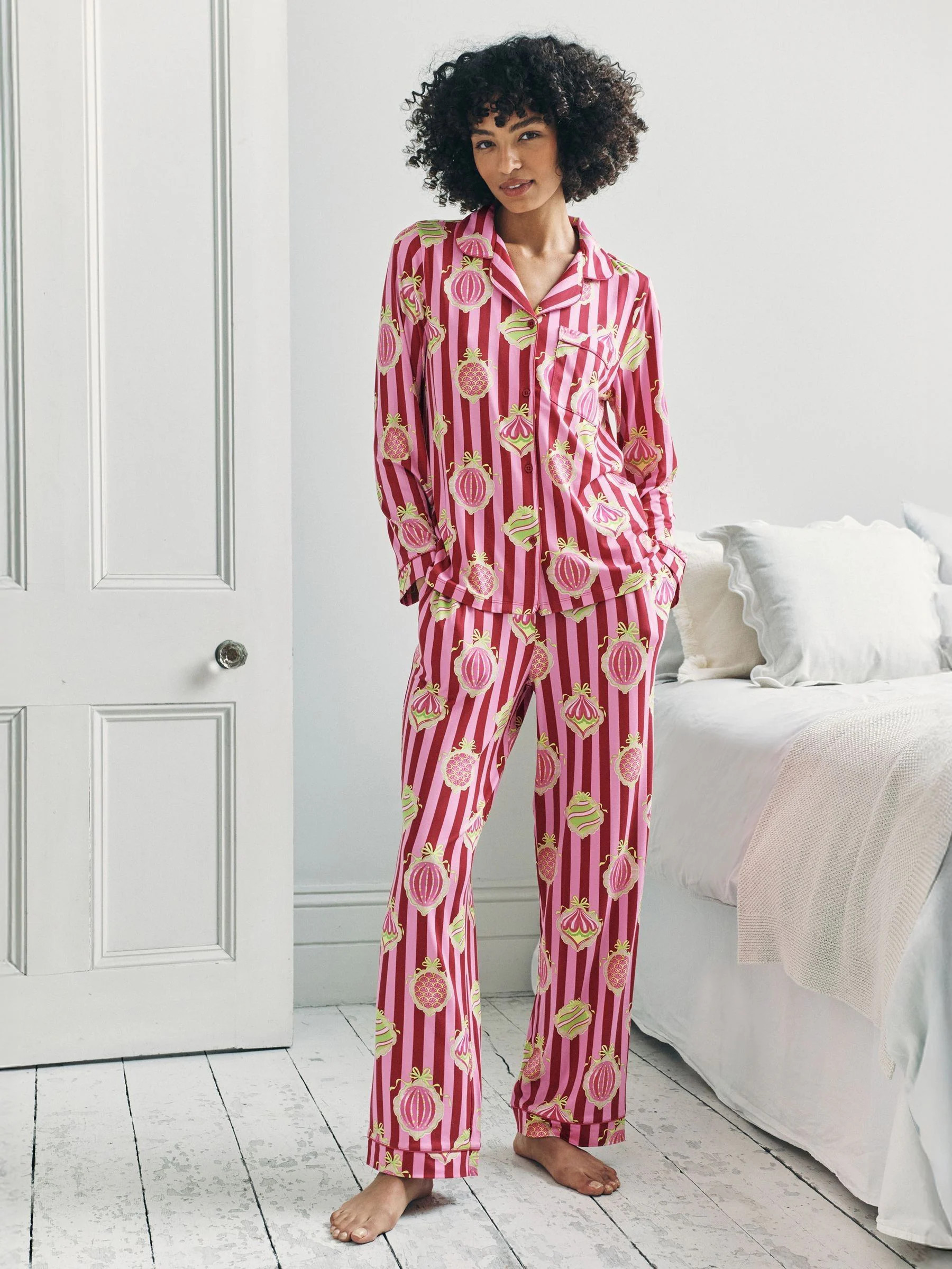 Chelsea Peers Chelsea Peers Red Christmas Baubles Stripe Print Long Pyjamas Set | Next US