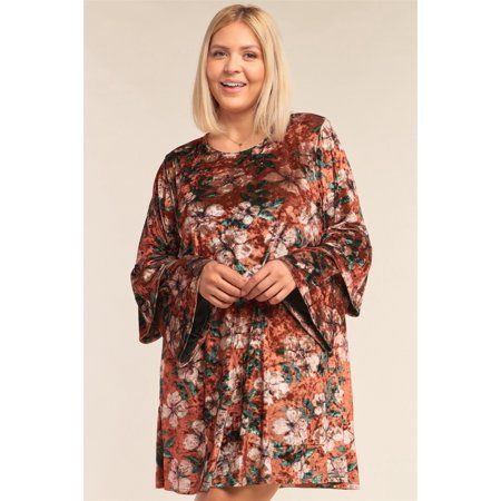 Plus Size Floral Print Velvet Long Layered Hem Sleeve Mini Dress | Walmart (US)