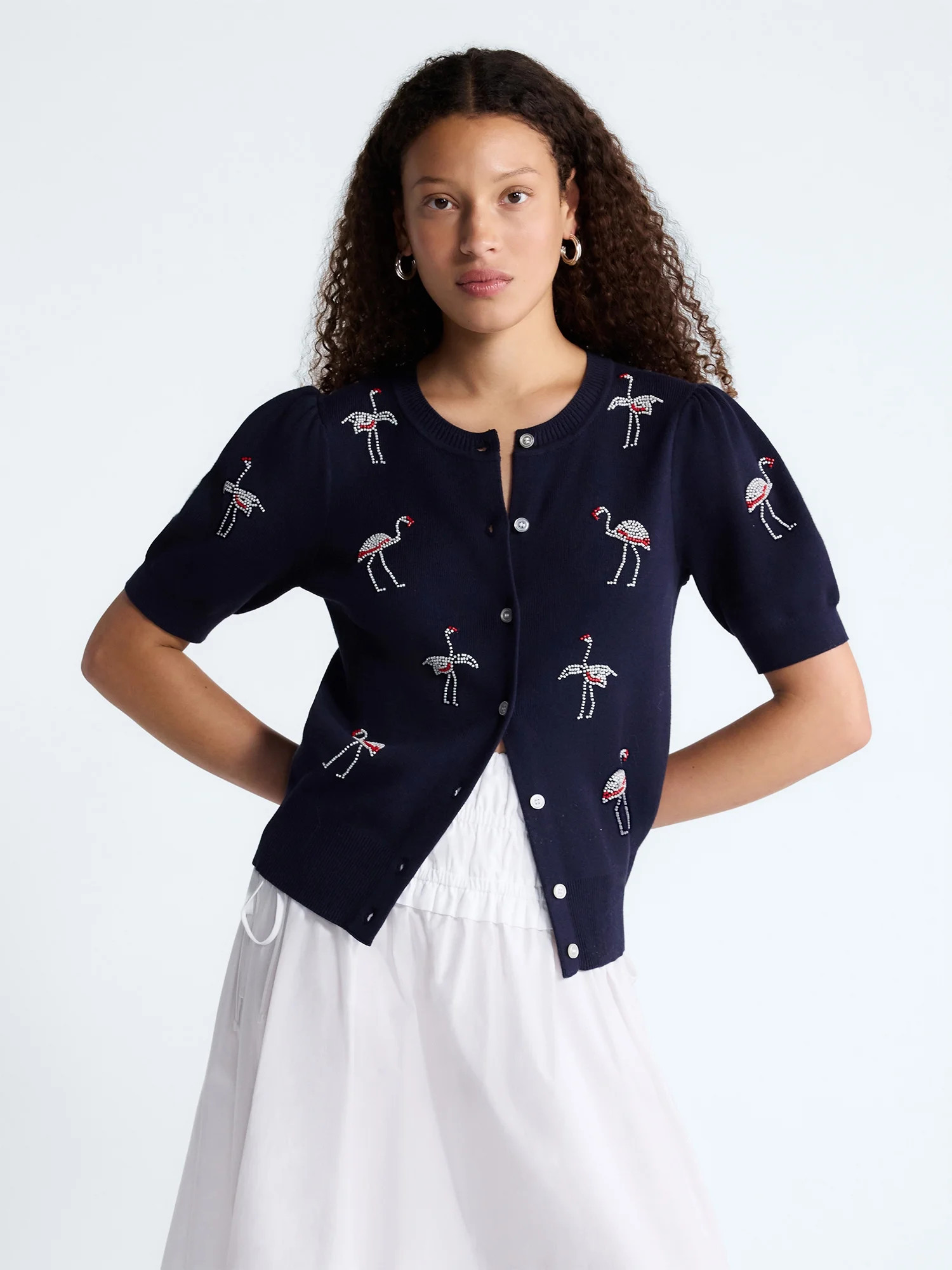 Free Assembly Women's and Women's Plus Beaded Cardigan Sweater with Short Puff Sleeves, Lightweig... | Walmart (US)