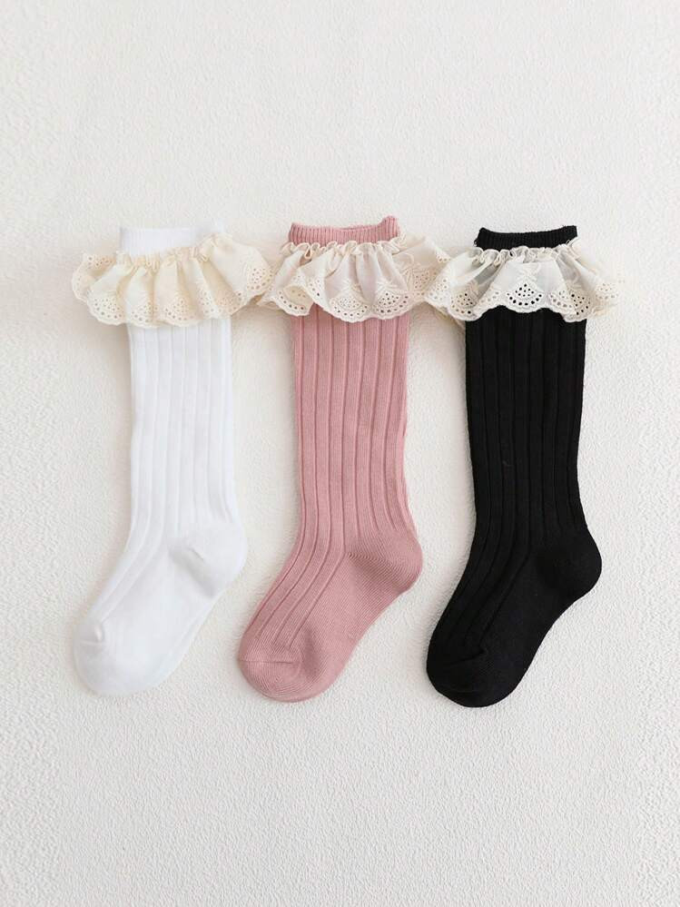 3 Pairs Children Simple Floral Cuff Solid Color Knee-High Socks, Sweet & Cute For Girls, Suitable For Daily Wear | SHEIN