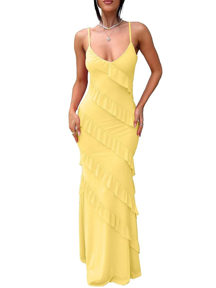 HOCILLE Women's Sexy V Neck Backless Bodycon Spaghetti Strap Elegant Ruffle Maxi Cocktail Party D... | Amazon (US)