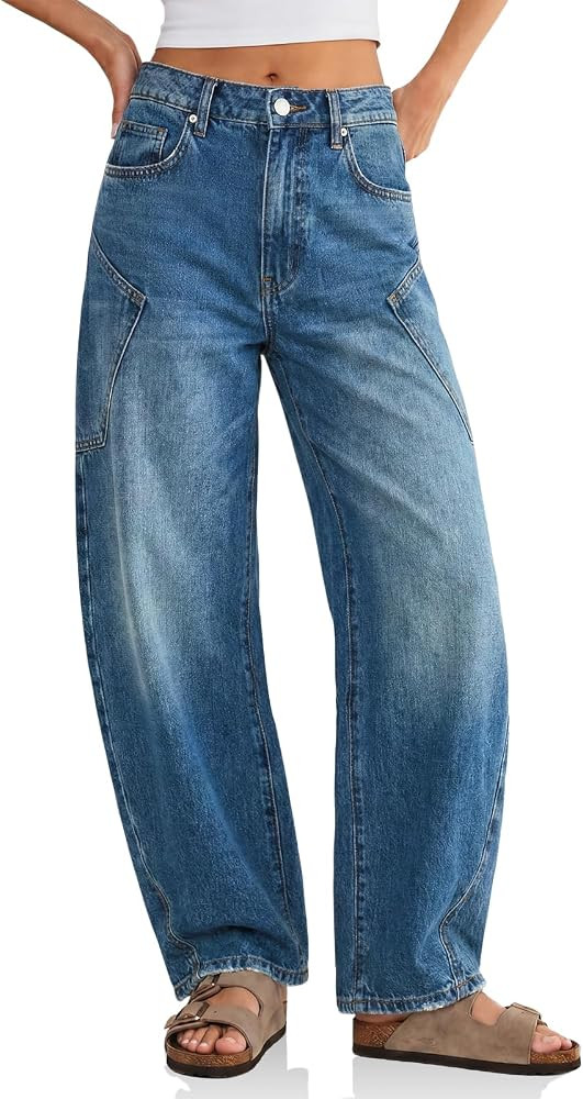 Flowyair Womens Baggy Barrel Jeans Raw High Waisted Wide Leg Denim Pants | Amazon (US)