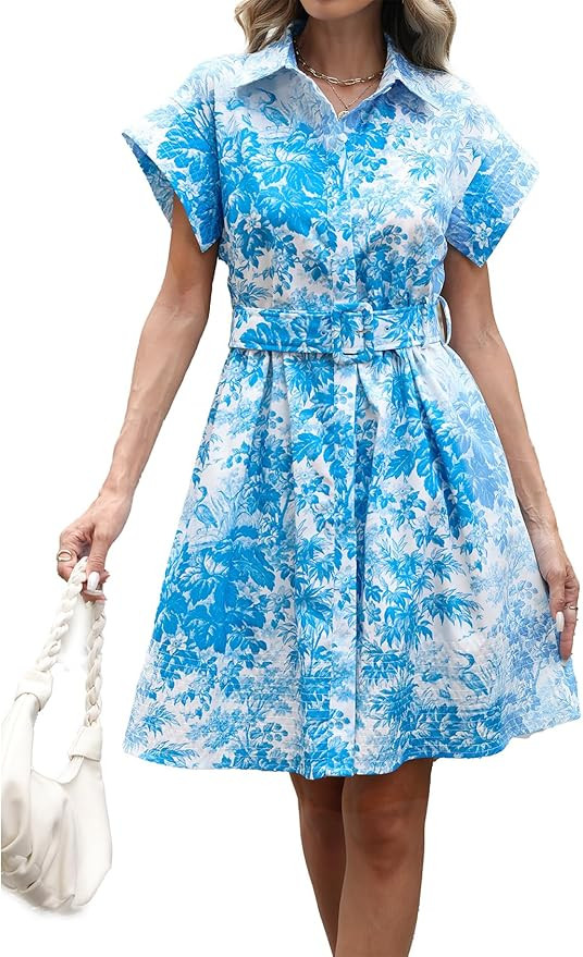 Women's Button Down Shirt Dress Floral Printed V-Neck Turn Down Short Sleeve Mini Casual Trench C... | Amazon (US)