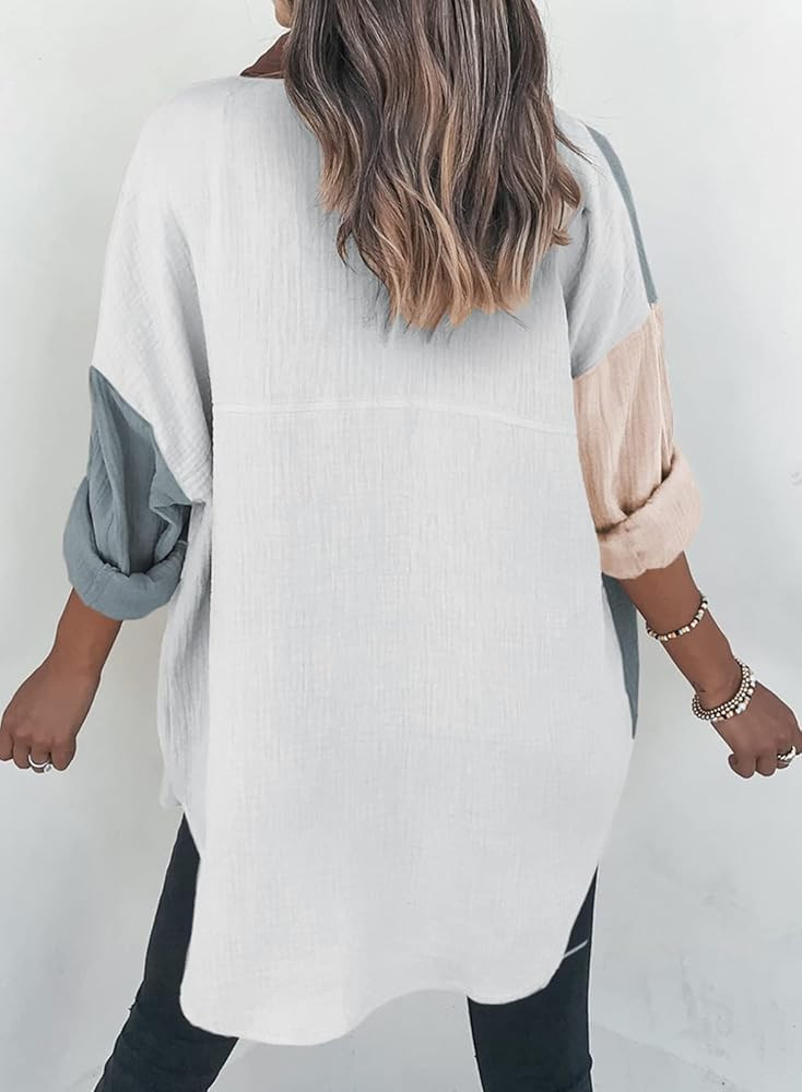 Dokotoo Womens Color Block Button Down Shirts Long Sleeve Oversized Boyfriend Blouses Tops | Amazon (US)