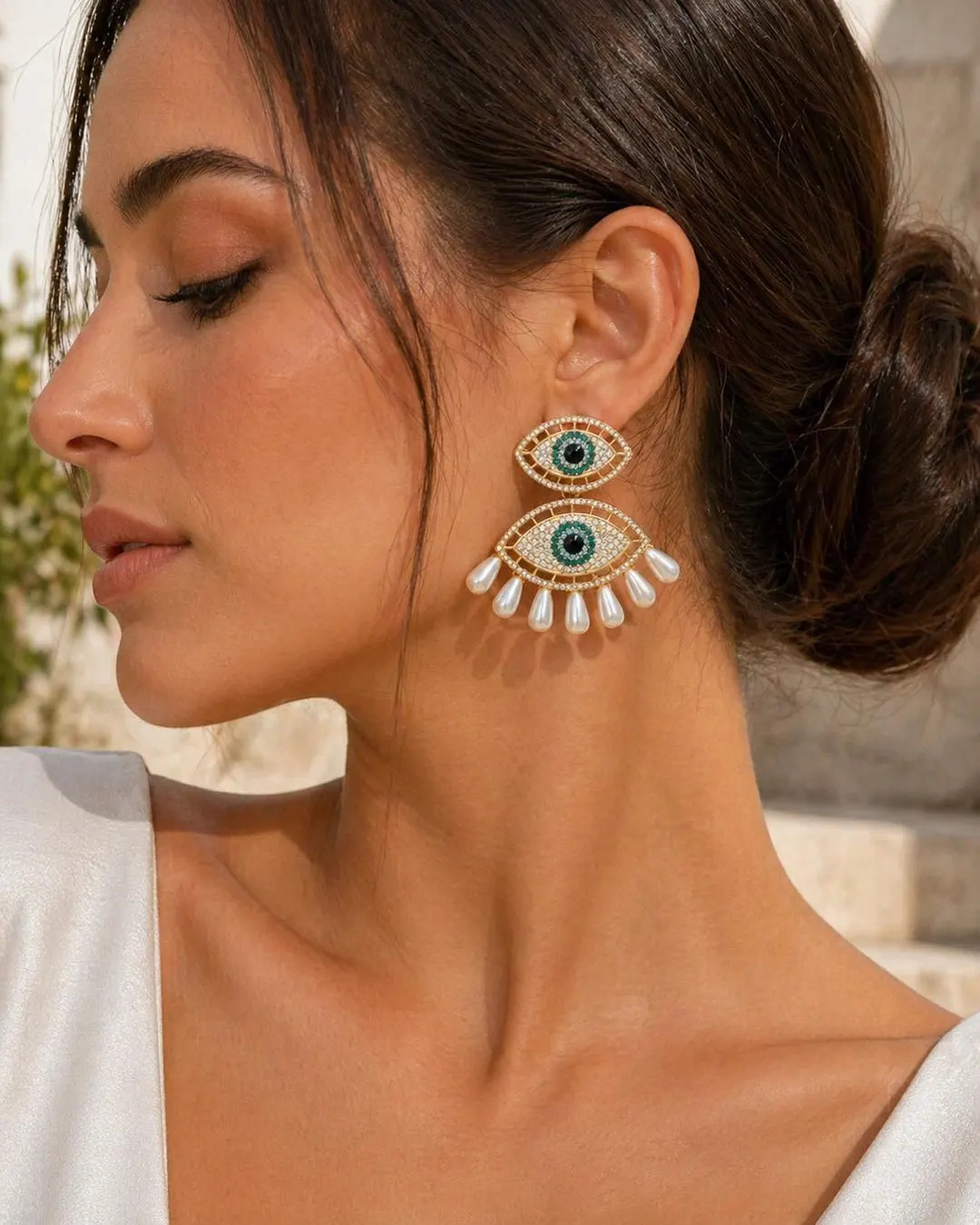 Gold Evil Eye Statement Earrings With Pearl Drops | Greek Inspired Jewelry | Protection Jewelry |... | Etsy (Global)
