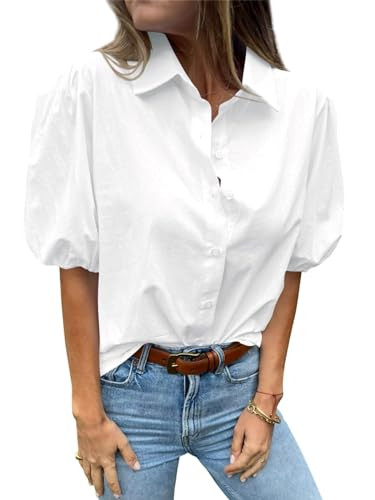 Tankaneo Women's Button Down Shirts Short Puff Sleeve Collared Dressy Casual Blouse Tops | Amazon (US)