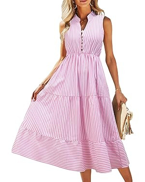 Floerns Women's Striped Print Notched Neck Sleeveless Ruffle A Line Midi Dress | Amazon (US)