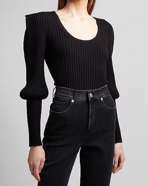 Ribbed Sharp Shoulder Blouson Sleeve Sweater | Express