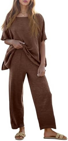 Tankaneo Women's 2 Piece Travel Outfits Casual Short Sleeve Knit Sweater Set Wide Leg Pants Loung... | Amazon (US)