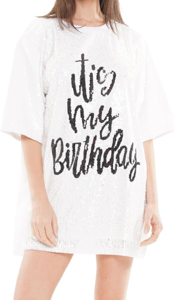 Jaytep Women's Sequin T Shirt Dress It's My Birthday One Size Fits All (Sequin One Side) | Amazon (US)