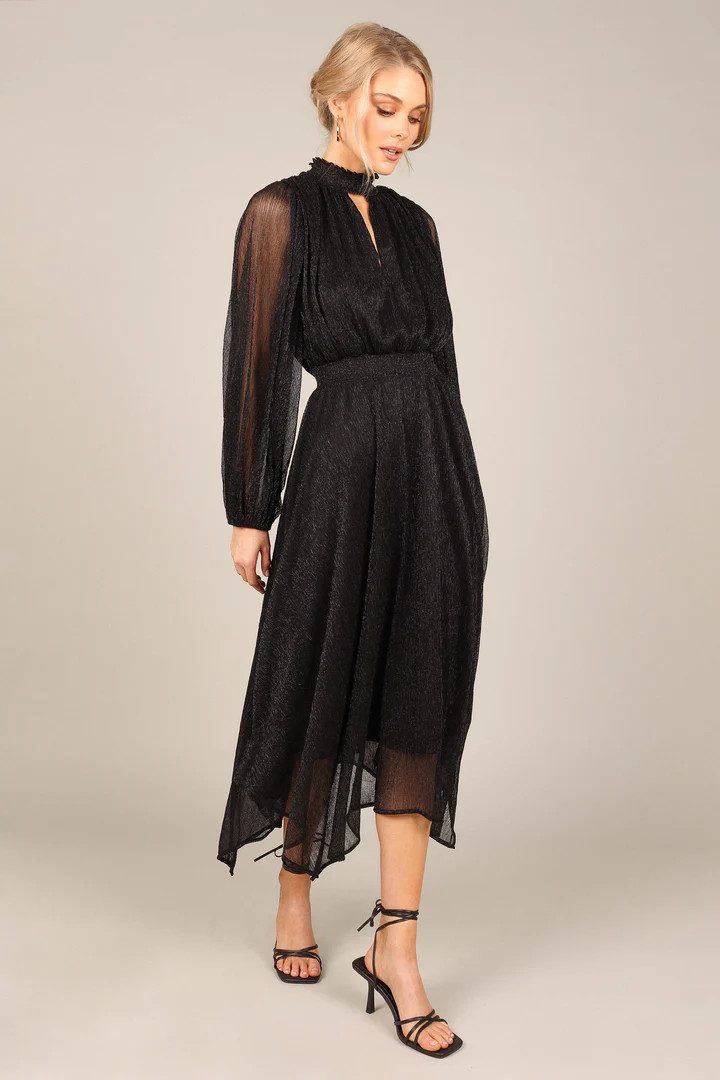 Portia Pleated Long Sleeve Midi Dress - Black Metallic | Petal & Pup (US)