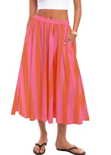 Panadila Womens Striped Midi Skirt Summer Beach Long Flowy Skirts Elastic High Waisted A Line Ski... | Amazon (US)