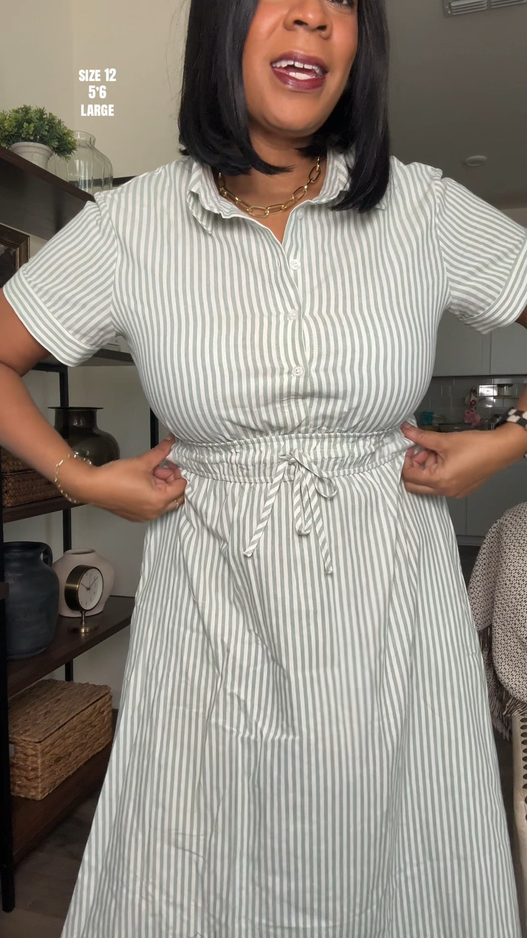 Modest button down midi dress. The stripes are very flattering. I’m wearing a size large as a size 12 fits tts size up for more room in the bust 

#LTKSeasonal #LTKMidsize