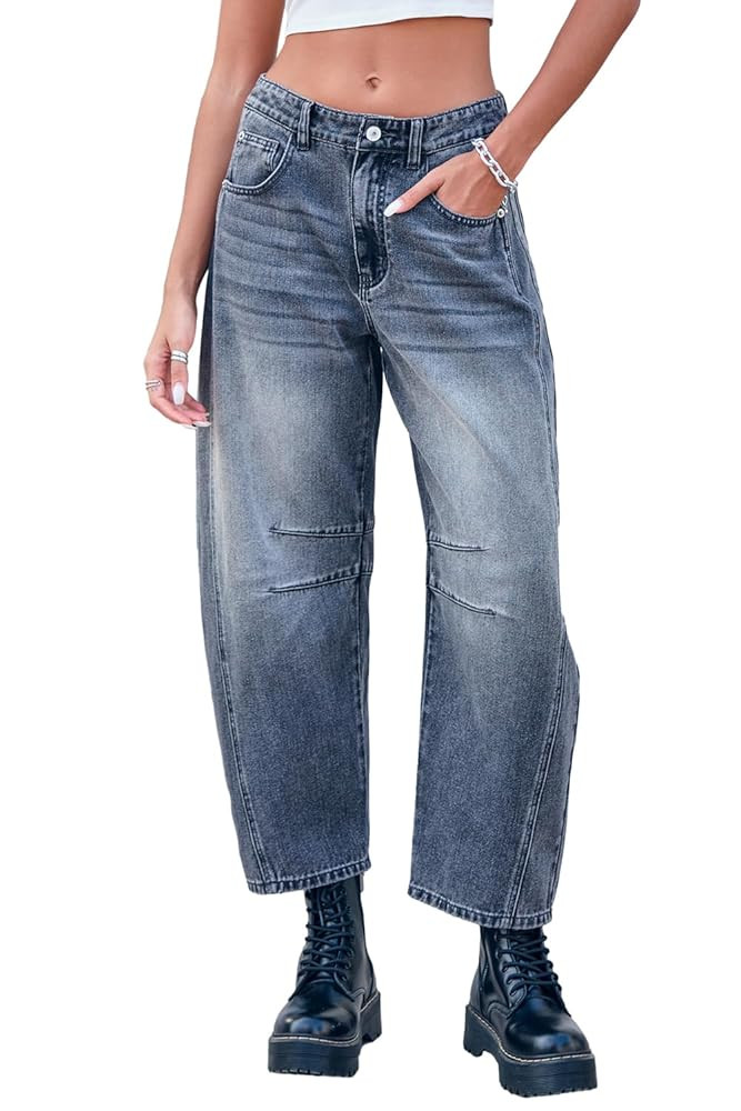 Mid Rise Barrel Jeans for Women Wide Leg Mid Waist Cropped Denim Pants Y2k Baggy Boyfriend Jeans ... | Amazon (US)
