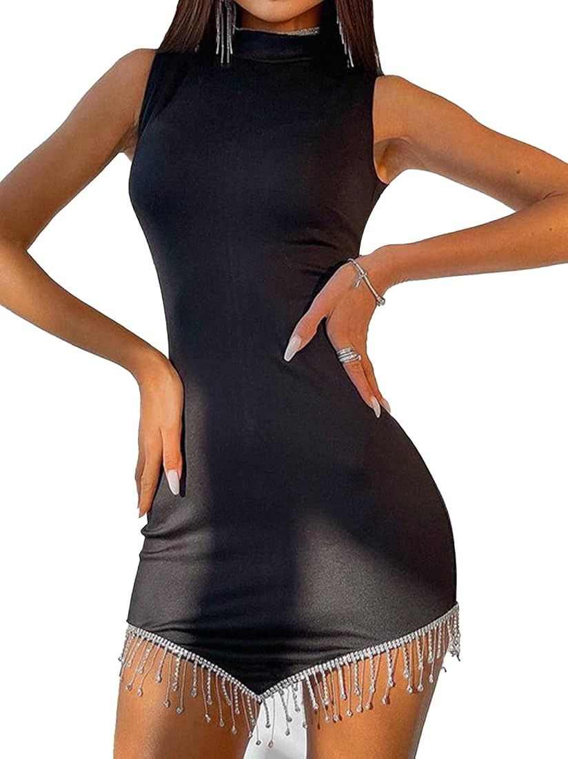 GEMEIQ Sparkly Sequins Tassel Sleeveless Bodycon Mini Dress Sexy Night Party Club Tank Dresses | Amazon (US)