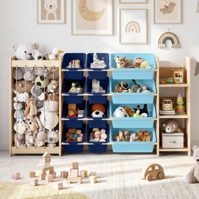 Stuffed Animal Storage & Toy Organizer – Solid Wood Kids Shelf with 9 Pull-Out Bins, Display Shelf & Quick Assembly – Space-Saving Playroom Furniture | Wayfair North America