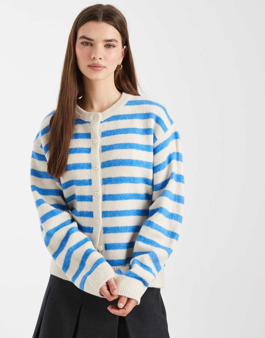ASOS DESIGN knitted crew neck cardigan in blue and ecru stripe-Multi | ASOS (Global)