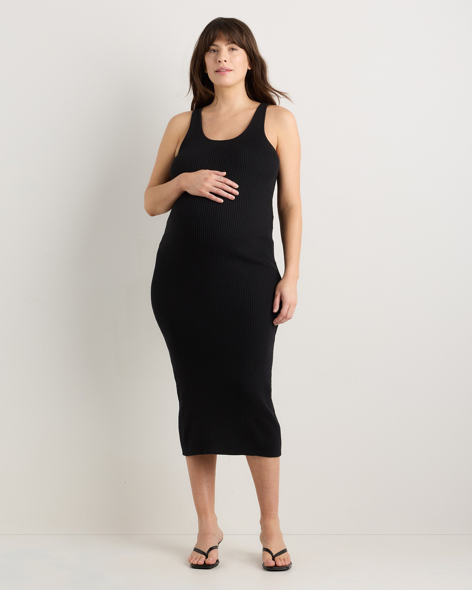 Quince | Women's Cotton Cashmere Maternity Fitted Midi Dress in Black, Size Small | Quince