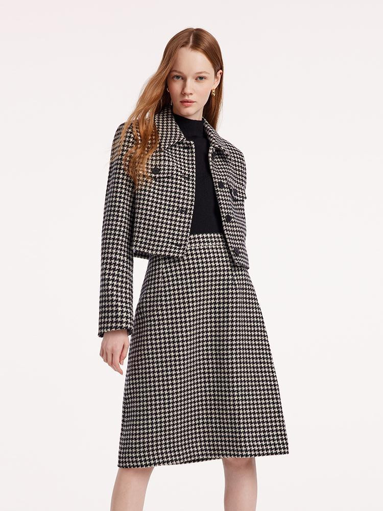 Washable Wool Houndstooth Jacket And Sweater And Women Skirt Suit | GOELIA