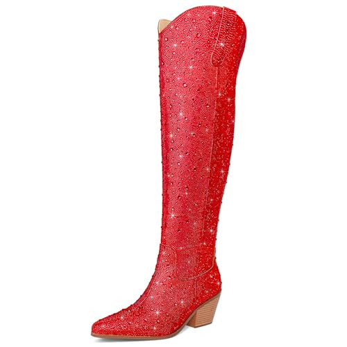 RONILURN Women Rhinestone Over the Knee Cowboy Boots, Sparkly Bling Cowgirl Boots Western Thigh High Boots Pull-On Side Zippers Chunky Heel Pointed Toe Size5-12 For Fashion&Daily | Amazon (US)