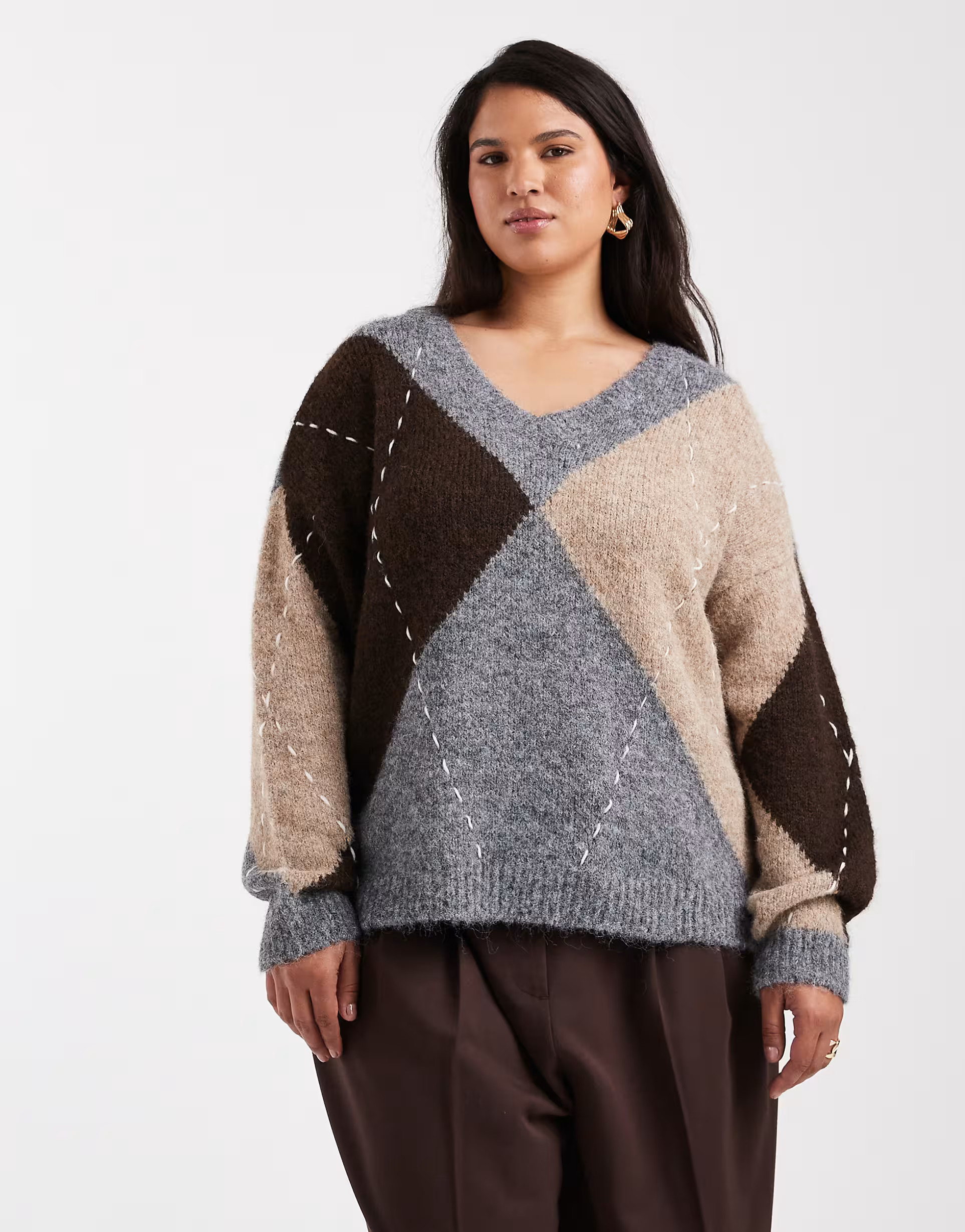 Vero Moda Curve oversized argyle knit sweater in medium gray melange | ASOS (Global)