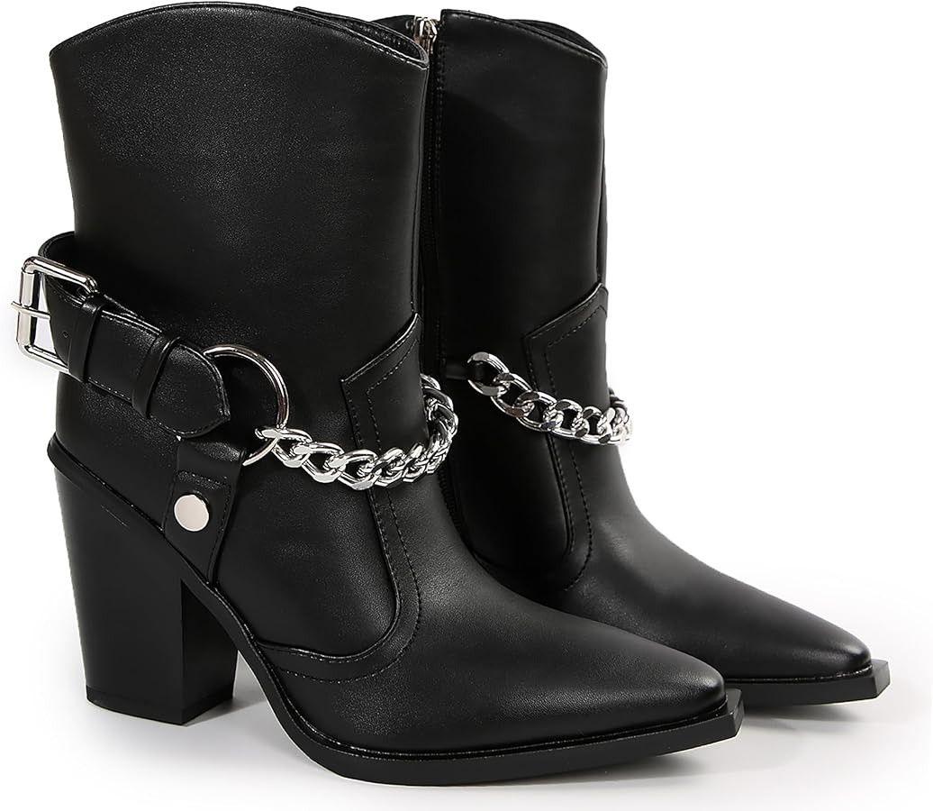 Ankle Cowboy Boots for Women Chunky Sole Block Heel Western Boots Chic Comfortable Black Cowgirl ... | Amazon (US)