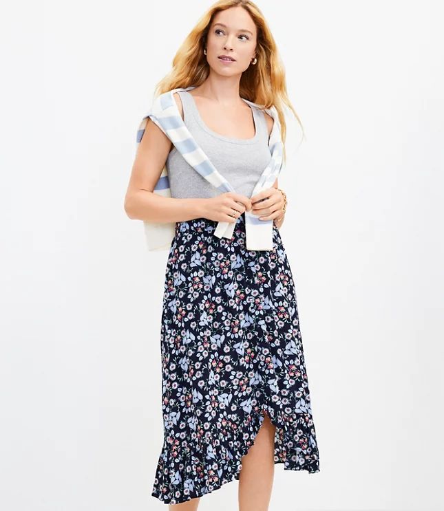 Floral Ruffle Button Trim Midi Skirt | LOFT