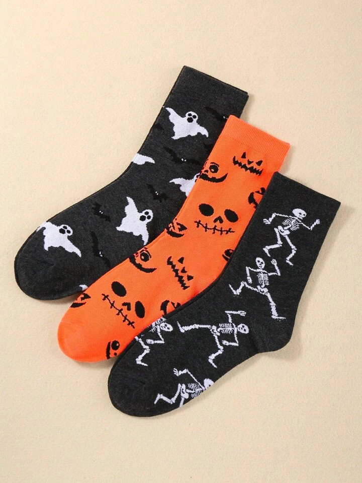 3pairs Women's Halloween Pumpkin & Skull Pattern Mid-calf Socks For Fun And Fashion | SHEIN