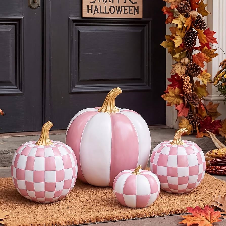 Lineshading 4 Pcs Large Fall Pink Pumpkin, Resin Checkered Halloween Decor | Amazon (US)