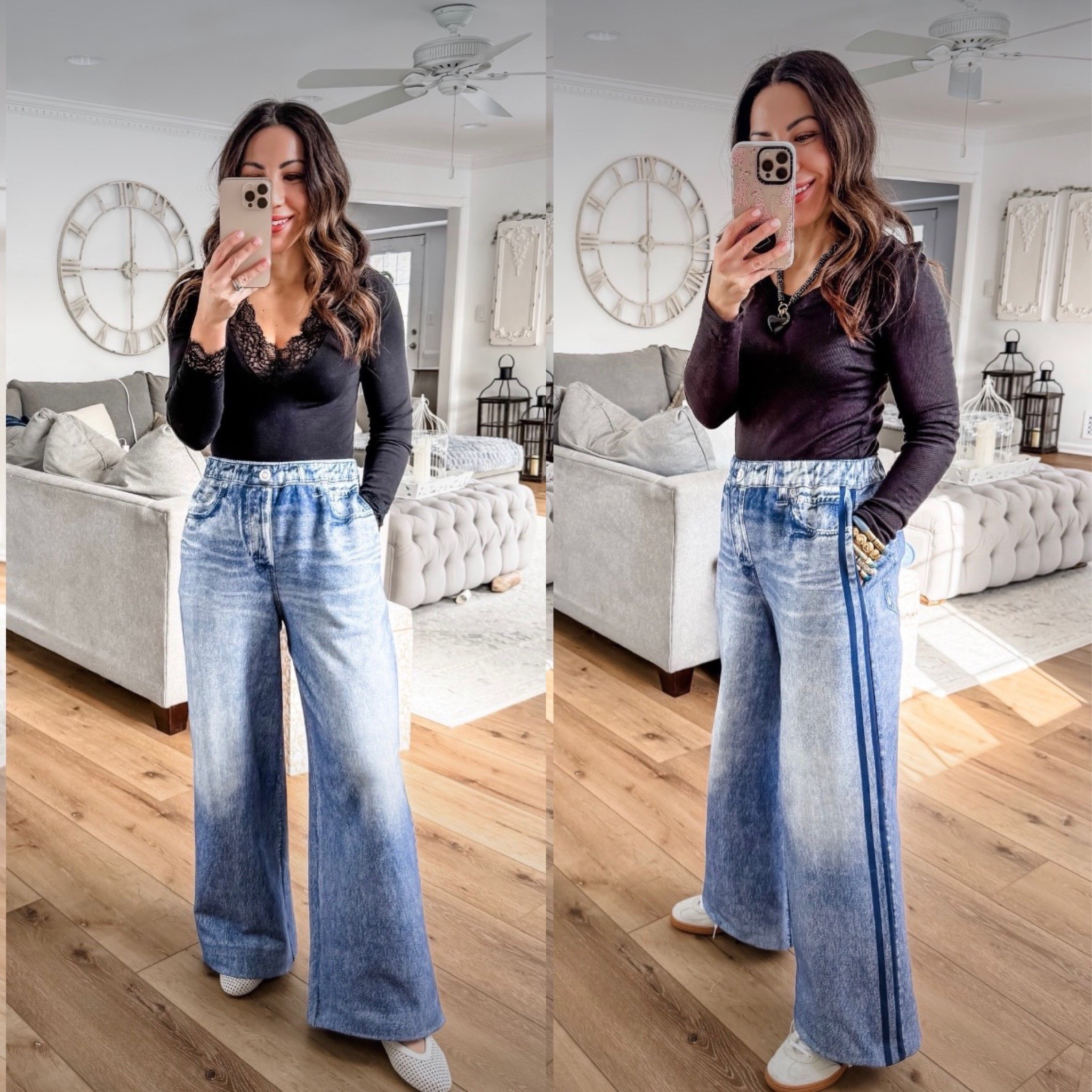 Wearing small lounge jeans. Small top. Shoes TTS. Sweatpants jeans. 

#LTKOver40