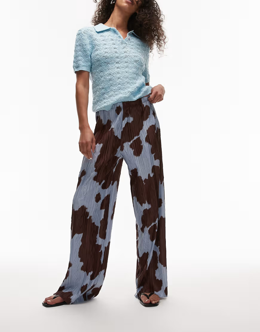 Topshop cow print plisse trousers in blue-Green | ASOS (Global)