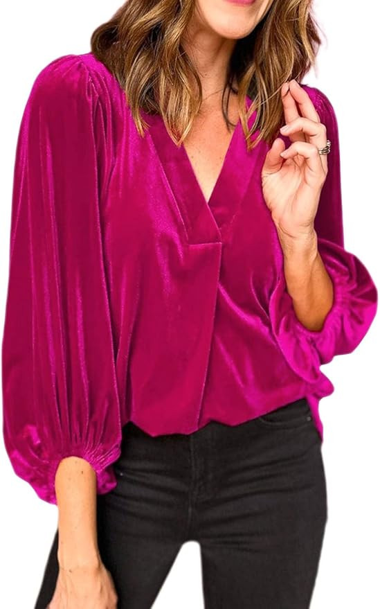 Womens Velvet Tops V Neck 3/4 Puff Sleeve Fall Winter Trendy Dressy Casual Loose Christmas Party ... | Amazon (US)