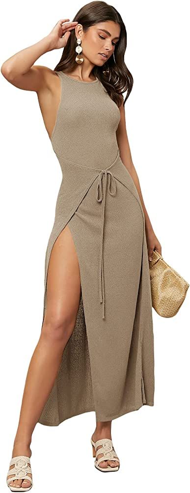 SheIn Women's Tie Waist Side Split Maxi Dress Round Neck Sleeveless Long Tank Dresses | Amazon (US)