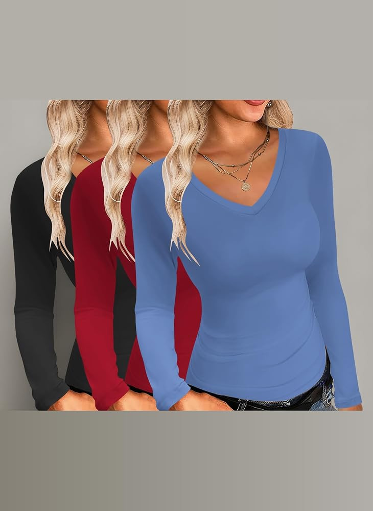 Ekouaer Damen 1&3 Pack Langarmshirt V-Ausschnitt Unterhemd | Amazon (DE)