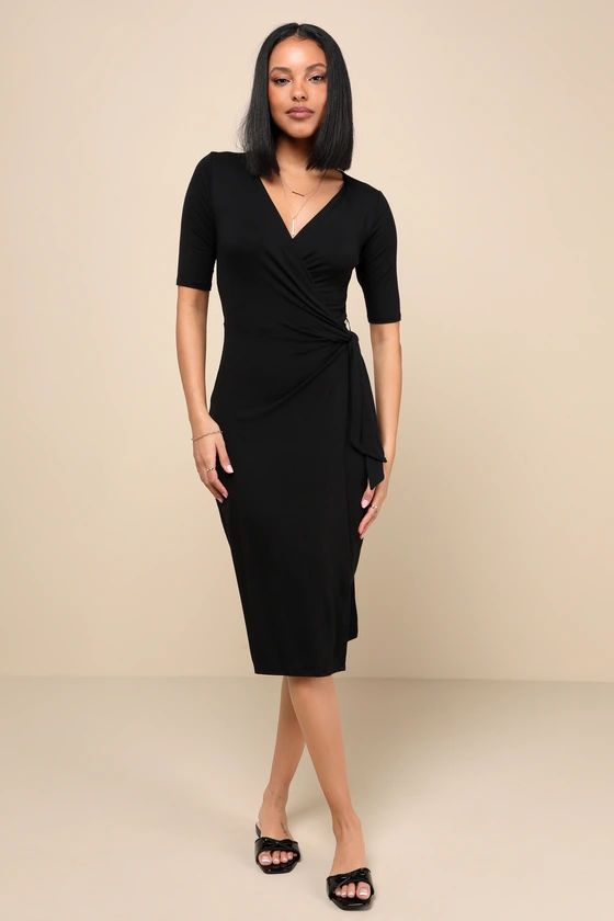 Forget Me Knot Black Midi Wrap Dress | Lulus