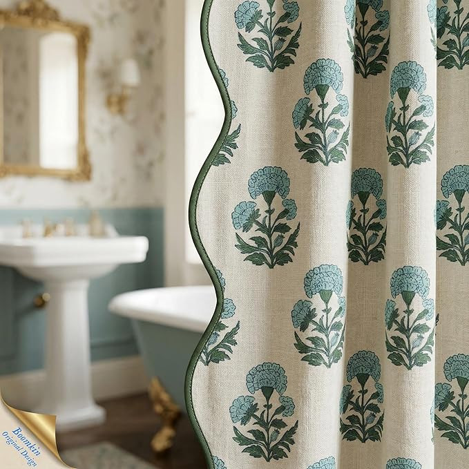 Boomkin Block Print Shower Curtain Blue and White Shower Curtain Set Linen Textured with 12 Hooks... | Amazon (US)