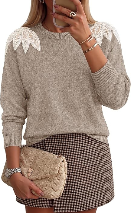 ZESICA Women's Fall Wniter Cozy Sweaters Pearls Lace Trim Pullover Tops | Amazon (US)