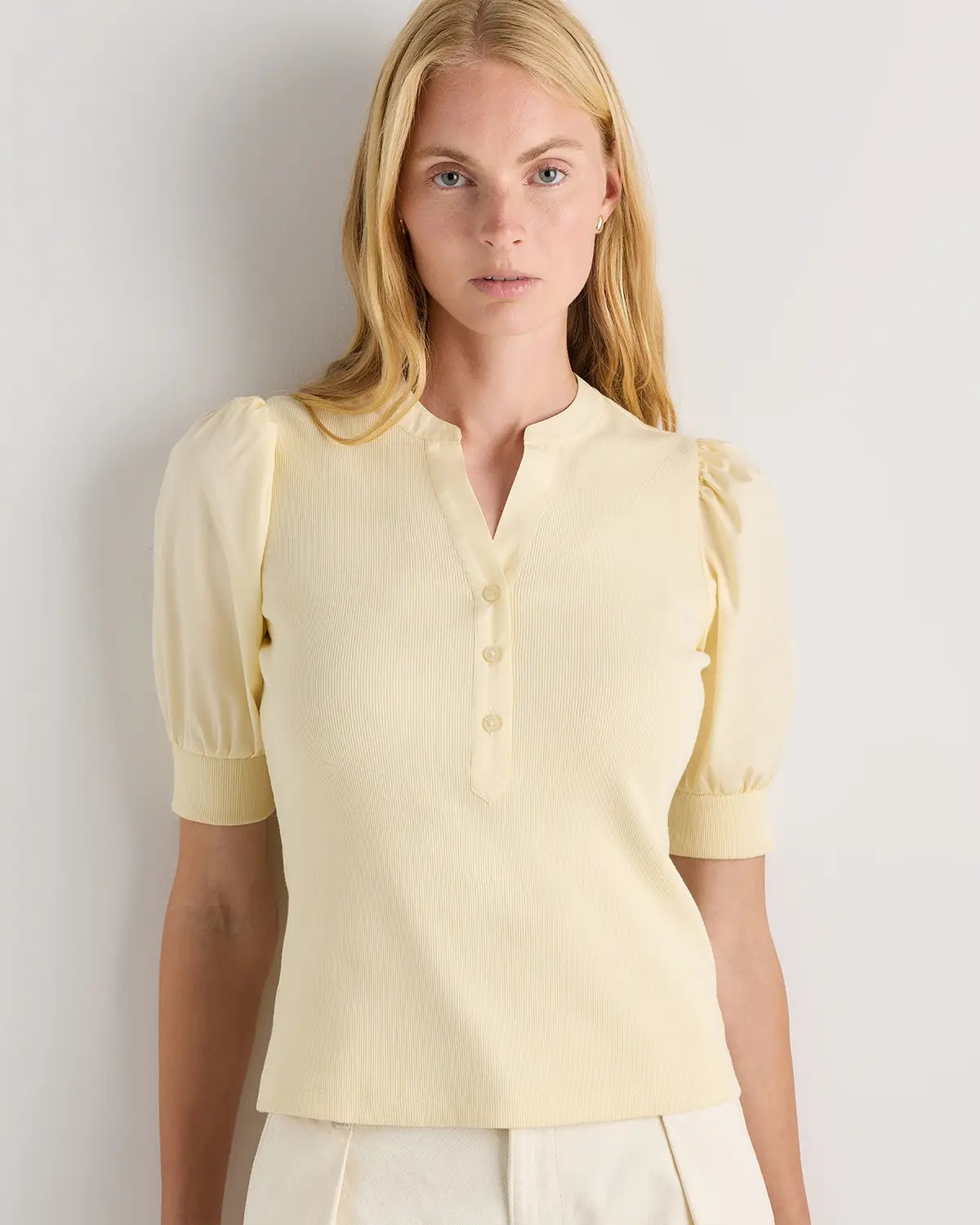 Cotton Mixed Media Puff Sleeve Top in Pale Custard Yellow | Quince