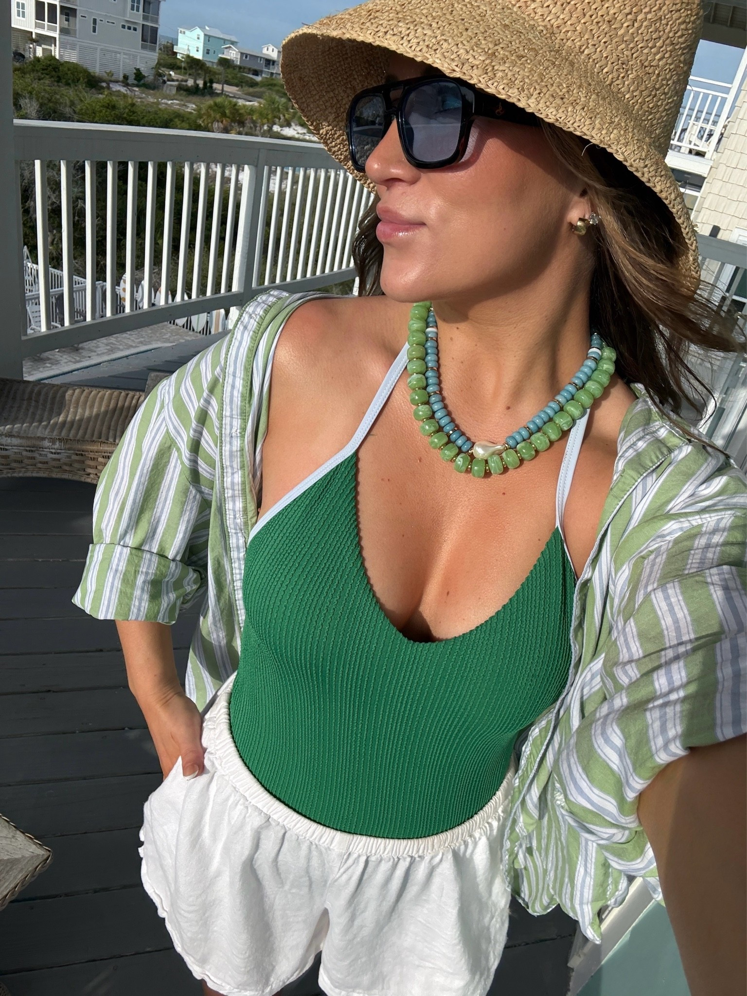 Swimsuit runs bit. I’m wearing a small.  And a medium in shorts. 

Beach summer outfit. Summer outfit. Poolside outfit. Beaded necklaces. One piece swimsuit. Family friendly swimsuit.

#LTKootd