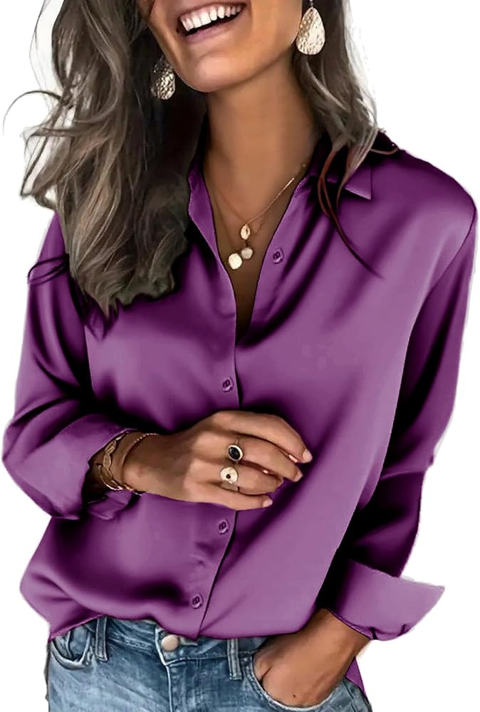 Zeagoo Satin Blouses for Women Silk Button Down Shirts Long Sleeve Business Casual Tops | Amazon (US)