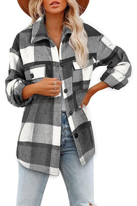 UANEO Womens Casual Plaid Wool Blend Button Down Long Sleeve Shirt Jacket Shackets | Amazon (US)