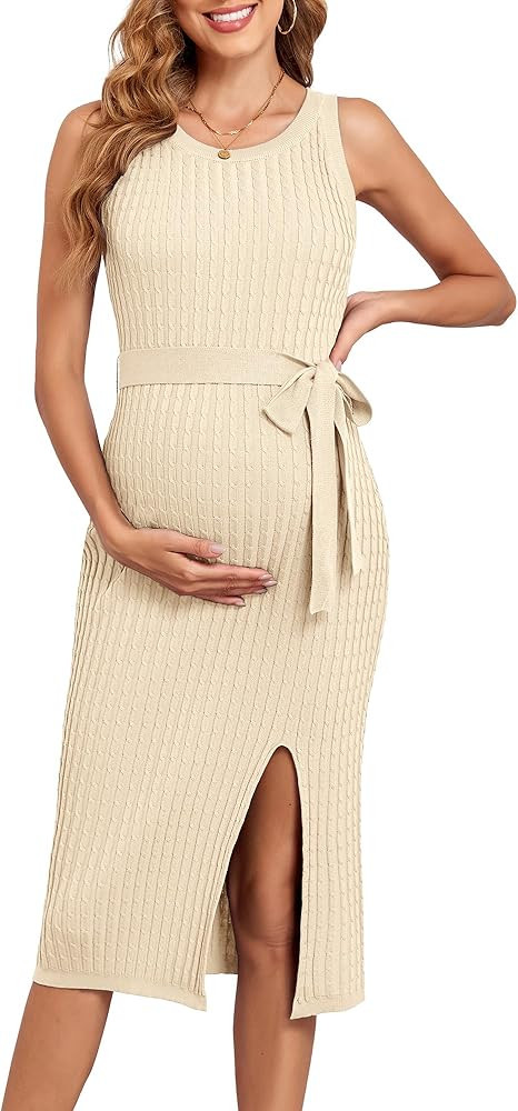 V FOR CITY Maternity Dress for Baby Shower Cable Knit Slit Pregnancy Dresses Casual Sleeveless Bo... | Amazon (US)