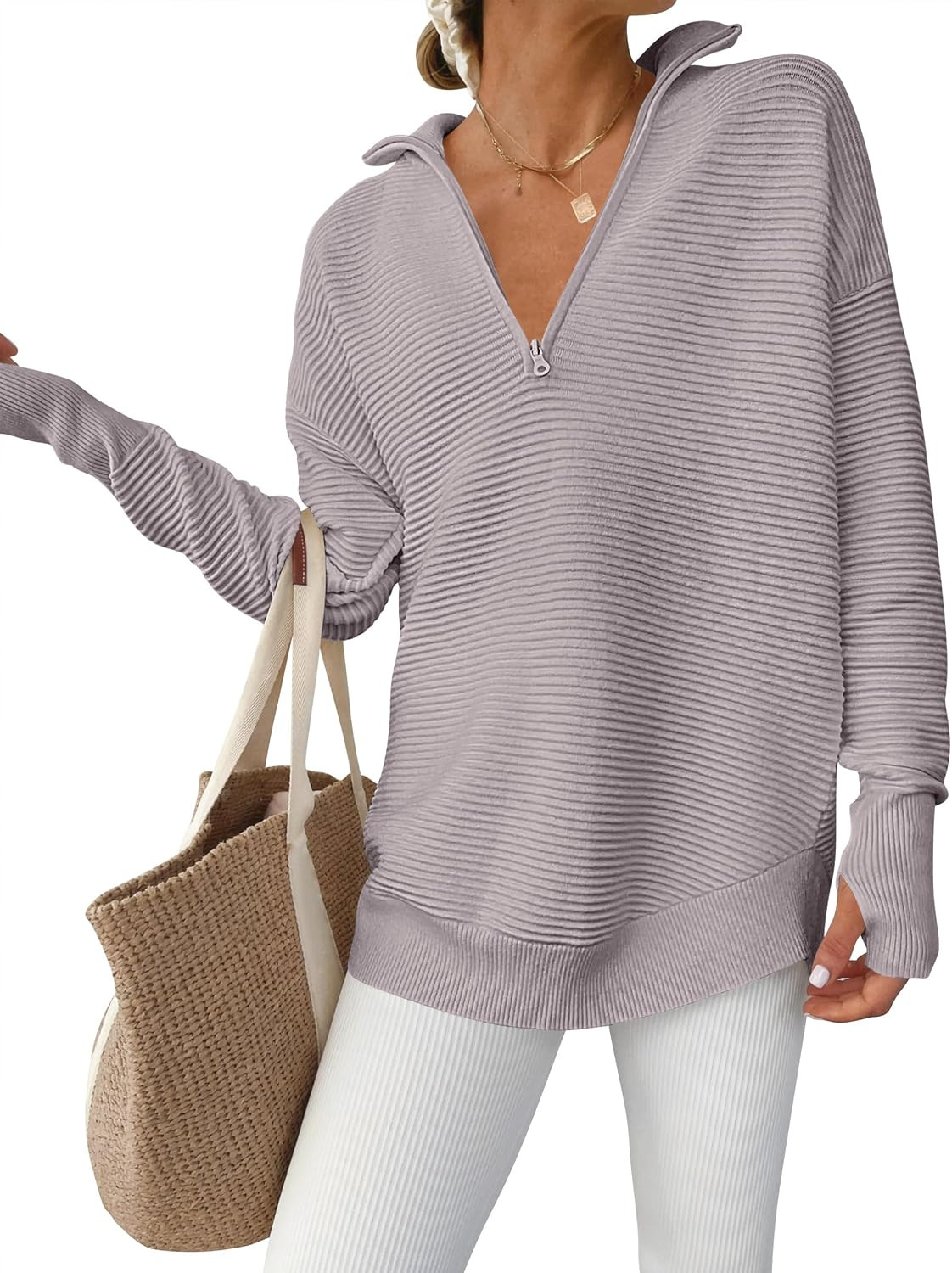 ANRABESS Women Long Sleeve V Neck Fall Sweater Quarter Zip Pullover | Amazon (US)