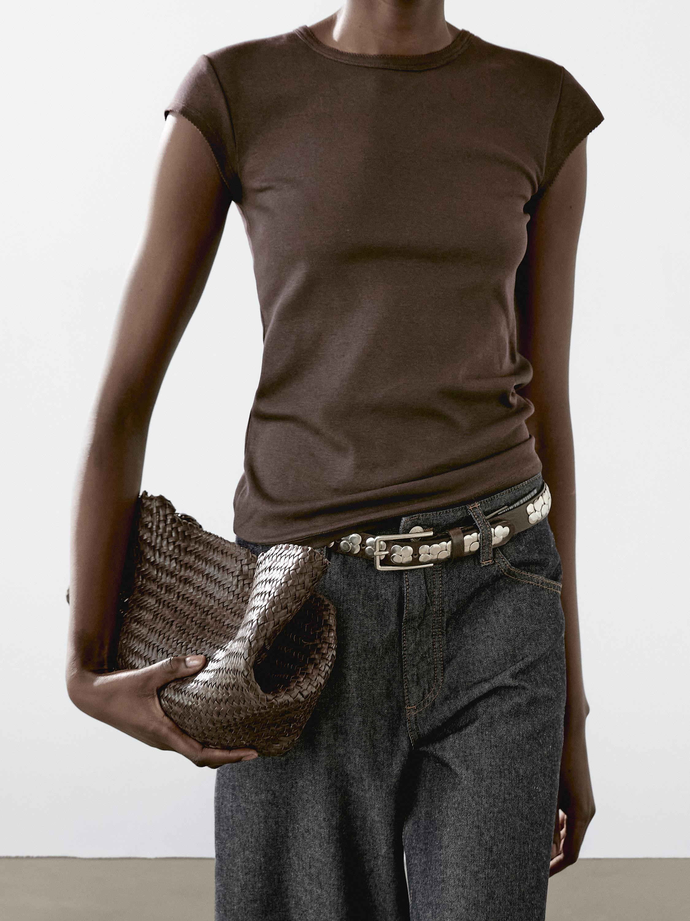 Cotton blend T-shirt. Crew neck. Short sleeves. Melange fabric. | Massimo Dutti US