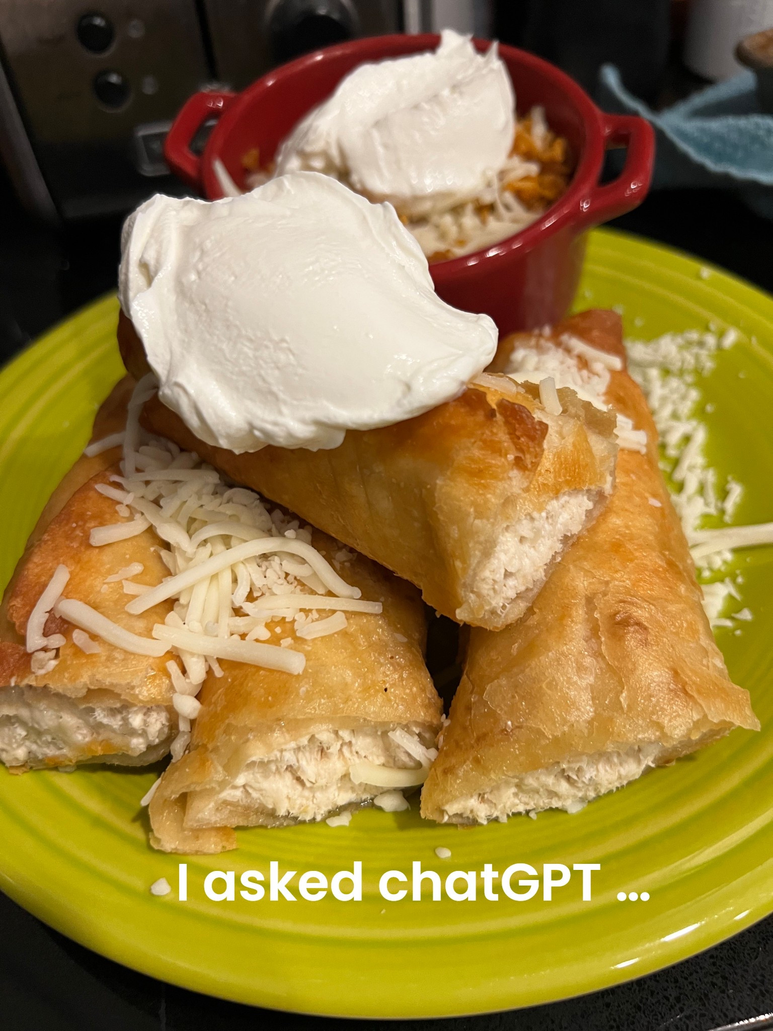 Matt was craving chicken flautas from a particular place that catered lunch when he was on jury duty. I’ve never been there, it’s pricey, and I’ve read that the catering is better than the actual restaurant- so I asked chatGPT to find me a copy cat recipe for their chicken flautas. ChatGPT said: 
Cook and shred 4-6 chicken breasts 
Once cooled, mix in 8 ounces of cream cheese, 1 c Monterey Jack cheese, and a spoonful or two sour cream. 
Place a line of the mixture 1/4 way in on the tortilla, and roll, pressing down slightly to push the filling toward the ends. 
Secure with a toothpick. 
Brush with melted butter. 
Fry, starting with toothpick side down to secure the closure, for 2-4 minutes in oil 350°, flip and repeat. 
I thought they were delicious, but we will have to ask Matt if chatGPT nailed it, since he’s the only one that had eaten at this place before 🤷🏻‍♀️😂
I’ve linked our countertop fryer that comes in clutch making these  
#whatsfordinner #chickenflautas #chatgpt  #copycatrecipe

#LTKHome #LTKmomlife #LTKstorytime