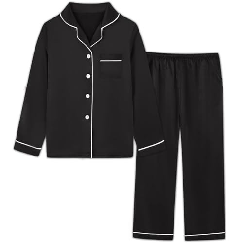 Womens Silk Satin Pajamas Loungewear Long Sleeve Button Down Sleepwear 2-Piece Pj Set, Black Pjs, Small | Amazon (US)