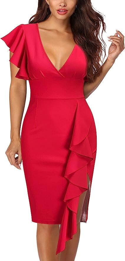 Knitee Women's Deep-V Neck Ruffle Sleeves Cocktail Party Pencil Slit Formal Dress | Amazon (US)