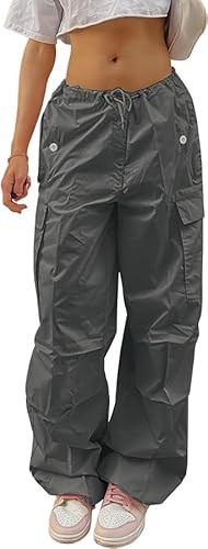 Zhyaj Women's Gray Plus Size Cargo Pants Low Waisted Drawstring Loose Trousers Baggy Y2K Parachute Pants with Multi-Pockets, Gray, Small | Amazon (US)